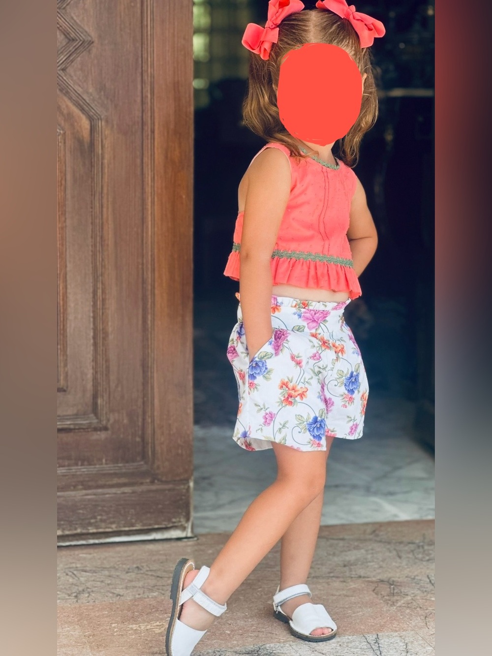 Girls Coral Peplum Top and Floral Shorts Set